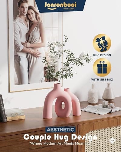 Hug Donut Decorative Vase Set - Light Pink Modern Glam Eclectic Style Vases Home Decor, Matte Ceramic Decorations for Living Room Shelf, Bookshelf Mantle Entryway Table or Console Décor(Pink) thumbnail 3
