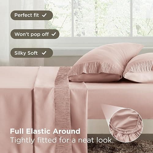 Bedsure Queen Sheet Set - 4 Pieces Soft Queen Size Sheets - Breathable & Cooling - Hotel Luxury - Easy Care Polyester Microfiber Cute Bedding for Women, Men, Dusty Pink thumbnail 6