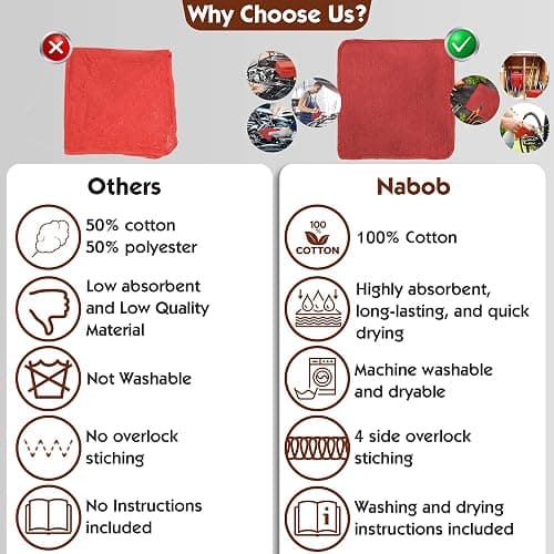 Nabob Wipers Auto Mechanic Shop Towels 100 Pack Bulk Rags 100% Cotton Commercial Grade Shop Rags Size 14"x14" (100 Pack, Red) thumbnail 3