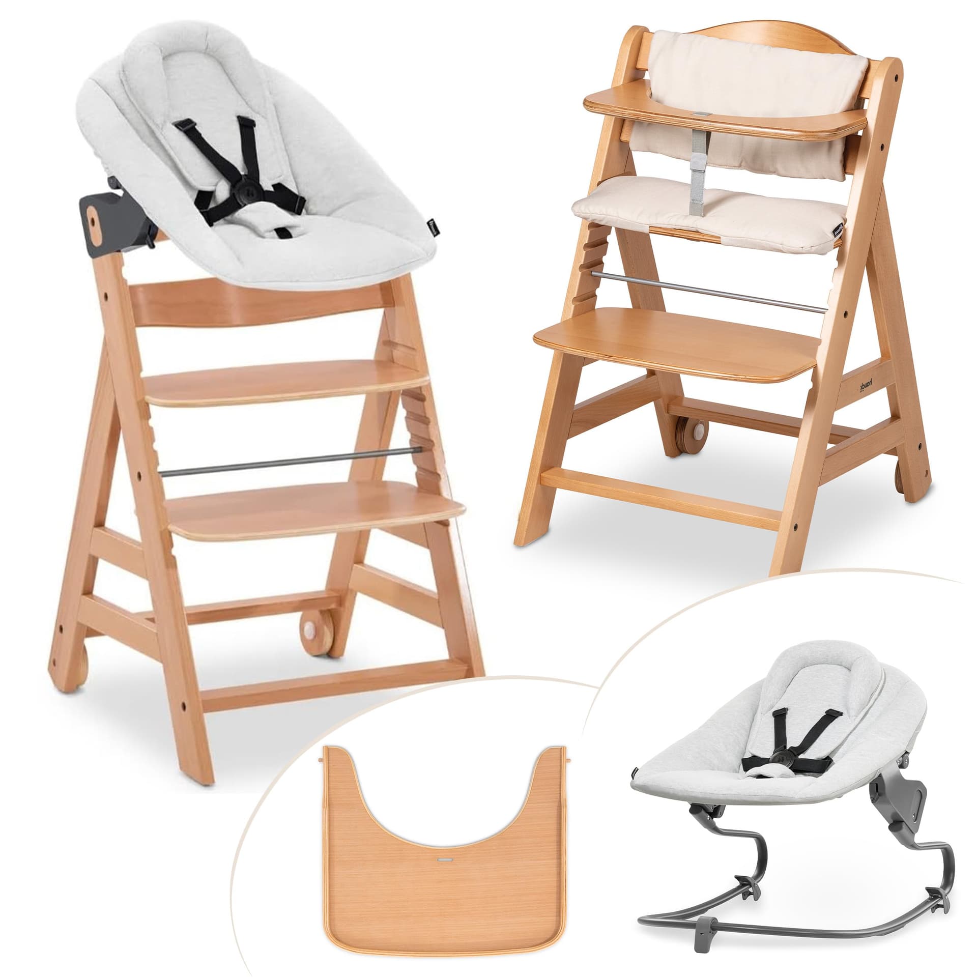 hauck Beta+ Newborn Premium High Chair from 0 Months - Wooden Children's Chair with Baby Bouncer (Baby Swing), Seat Cushion, Tray (Sun Lounger: Light Grey, Nature) - Image 1