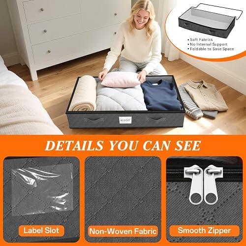 90L Under Bed Storage Containers, Storage Bags, Organizers, 4-Pack, Gray | Foldable, Soft Fabric, Closet Organizers, Reinforced Handle, Label Holder, Clear Window, for Comforters, Clothing, Blankets thumbnail 4