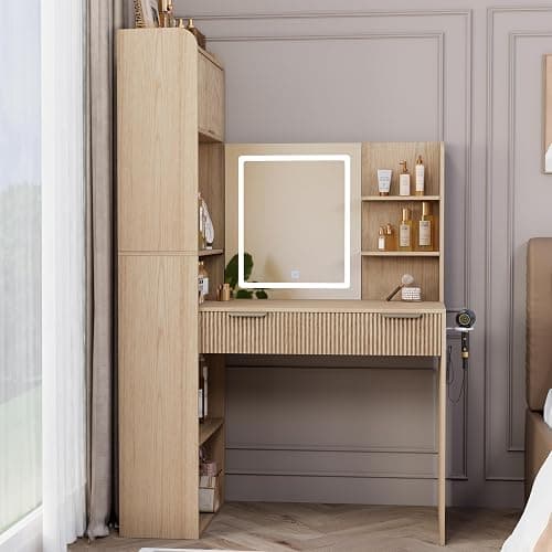 Royal Windsor Makeup Vanity Desk with Mirror and Lights, Corner Vanity Desk, 3 Color Touch Screen Led Mirror, High-Capacity Storage, Girls Vanity Combo，Natural Oak thumbnail 9