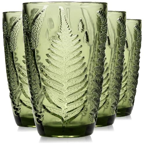 Green Drinking Glasses Set Of 4-12 Oz Hand Blown Vintage Drinking Glasses, Boho Aesthetic Antique Glassware, Colored Cute Glass Cups, Textured Highball Water Tumbler, Unique Retro Drinkware Gift - Image 1