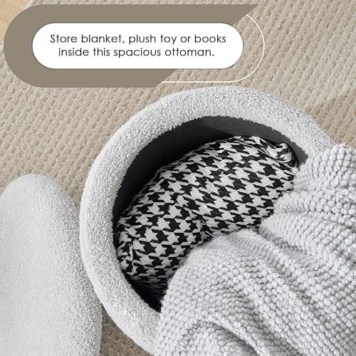 YFO Round Ottoman with Removable Lid Upholstered, Multifunctional Vanity Chairs for Makeup, Soft Footrest Stool Ottoman Foot Stool for Living Room, Bedroom, Boucle, Grey - Grey thumbnail 4