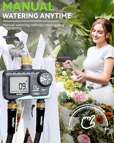 RAINPOINT Water Timer for Garden Hose - Sprinkler Timer with Brass Swivel - Rain Delay/Manual Watering/Automatic Irrigation Programmable Faucet for Yard, 2 Outlet thumbnail 5