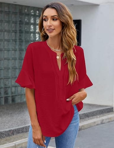 BMJL Womens White Blouses Chiffon Ruffle Short Sleeve V Neck Business Casual Tops Summer Cute Shirt thumbnail 2