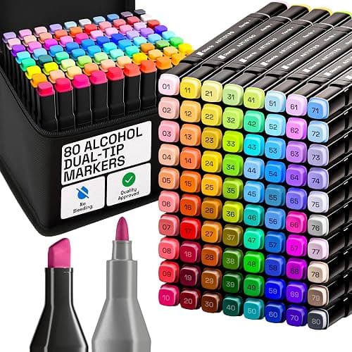 Alcohol Dual Tip Markers Set of 80 with No Bleed Ink, Bonus Case and Vibrant Fade-Resistant Colors, Art Supplies for Sketching, Manga, Drawing, Adult Coloring Books, Card Making (Fine & Chisel) - Image 1