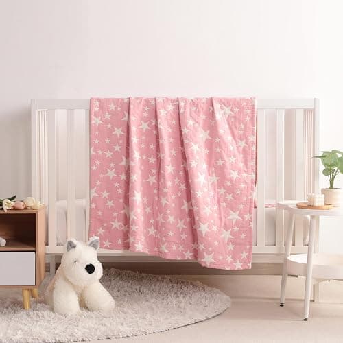 NTBAY 3 Layer Toddler Blanket, Muslin Cotton Jacquard Bed Blankets, Lightweight Thermal Baby Blanket, Super Soft and Warm Crib Blanket for All Seasons, Decoration Gift, 30"x40", Pink Star thumbnail 2