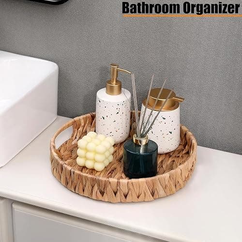 Round Woven Coffee Table Ottoman Tray with Handles - 11.8" x 1.9" Water Hyacinth Wicker Serving Tray, Decorative Storage Basket for Home & Kitchen. thumbnail 4