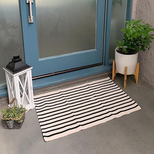 LEEVAN Black and White Striped Rug Doormat 2x3 Washable Front Porch Rug Farmhouse Layered Door Mats Outdoor Cotton Hand Woven Throw Carpet for Entryway/Front Steps/Bathroom/Home Entrance thumbnail 7