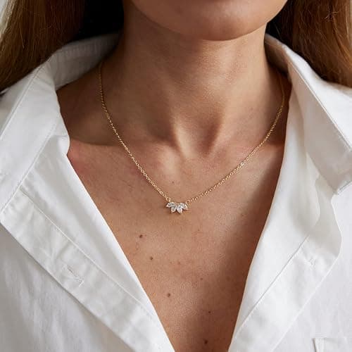 LEXODY Diamond Necklace for Women, Dainty 14k Gold Plated Flower Necklace | Simple CZ Leaf Pendant Choker Necklaces Trendy Non Tarnish Waterproof Chain Jewelry Gift thumbnail 4