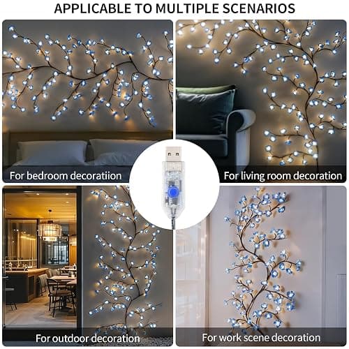 FNHMSL Cherry Enchanted Willow Vine Lights, 7.55FT 144LED Blue Cherry Blossom Tree Branch Lights for Wall, Remote Timer,8 Light Model,Bedroom Wall Doors Wedding, Christmas, USB Battery Box thumbnail 6