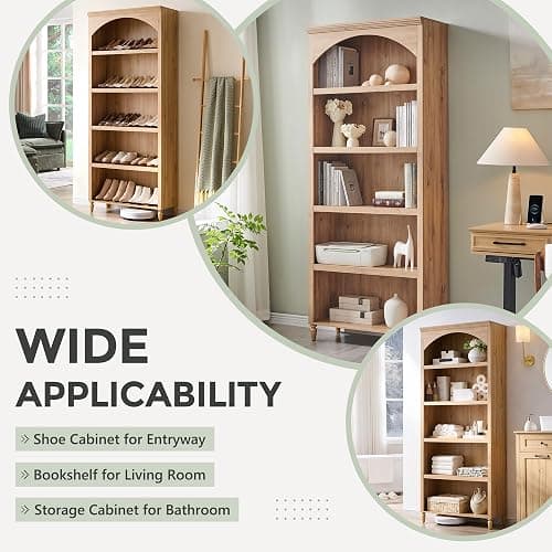 IFGET 76" Tall Arched Bookcase, Farmhouse 5 Tiers Large Arched Bookshelf Cabinet with Adjustable Shelves, Modern Wooden Book Shelf w/Storage and Open Display Shelves for Living Room, Office-Natural thumbnail 4