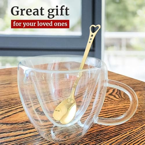 Heart Shaped Cup - Double Walled Insulated Glass Coffee Mug or Tea Cup - Double Wall Glass 10oz (300ml) - Clear - Unique & Insulated with Handle - With Teaspoon thumbnail 6