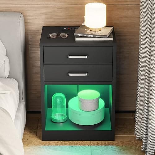 ADORNEVE LED Nightstands Set of 2,Night Stands for Bedrooms Set of 2,Nightstand with Charging Station and LED Lights,Black Bedside Table with Power Outlets & Drawers,Modern End Side Table thumbnail 8