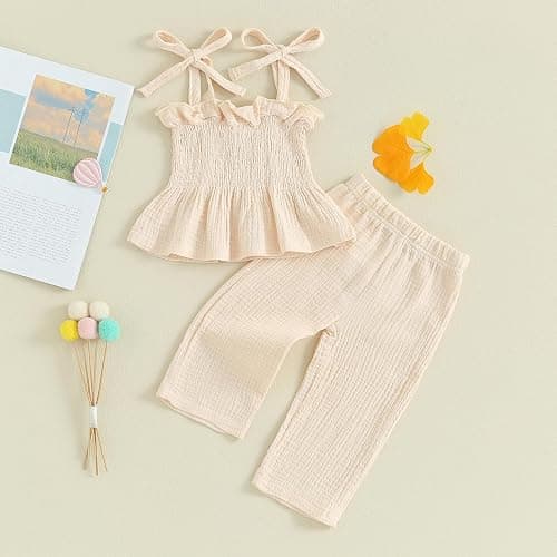 VISGOGO Infant Baby Toddler Girls Clothes Solid Color Sleeveless Camisole Linen Pants Set Baby Summer Outfits thumbnail 3