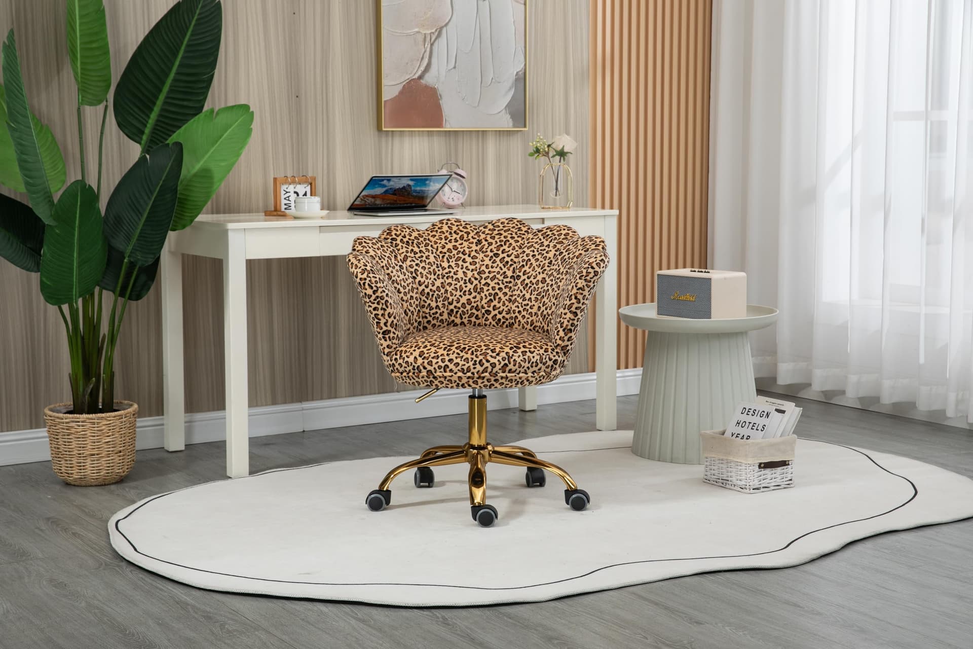 ZOBIDO Comfy Home Office Task Chair with Wheels, Cute Modern Upholstered Velvet Seashell Back Adjustable Swivel Vanity Desk Chair, for Women, for Kids, for Girls, Living Room(Leopard Stripe) thumbnail 2