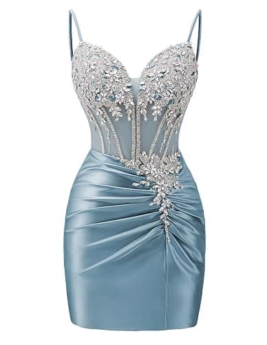 Satin Crystal Homecoming Dresses 2026 for Teens V Neck Mermaid Short Prom Dresses Corset Pleated Cocktail Dress - Image 1