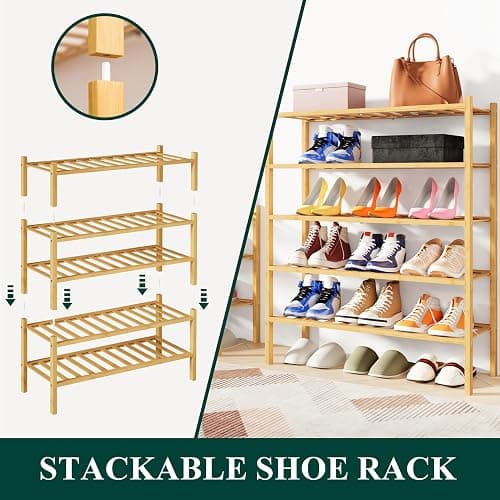 Smiry Shoe Rack, 3 Tier Bamboo Shoe Organizer, Stackable Free Standing Wooden Shoe Storage Shelf for Closet, Entryway, Front Door Entrance, Natural thumbnail 4