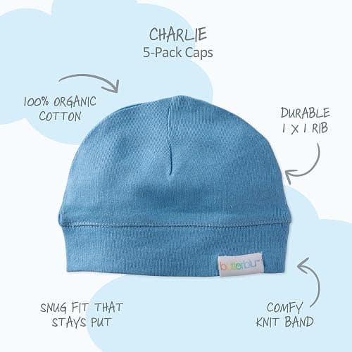 Charlie 5-Pack Baby Hats 100% Organic Cotton Baby Beanies for Newborn, Infant, and Baby Girls, Boys, Unisex thumbnail 2