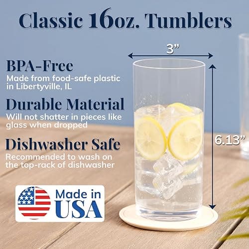 US Acrylic Classic Clear Plastic Reusable Drinking Glasses (Set of 6) 16oz Water Cups | BPA-Free Tumblers, Made in USA | Top-Rack Dishwasher Safe thumbnail 3