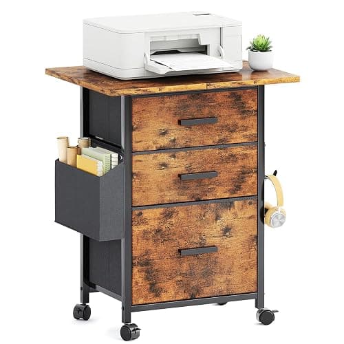 Mexin 3 Drawer File Cabinet with 24'' Extended Desktop, Mobile Filing Cabinet, Printer Stand, Rolling Printer Stand with Side Bag, Fabric Drawer, Fits A4 Size, Home Office,Rustic Brown - Image 1