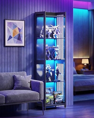 AODK Display Case with LED Lights, Display Cabinet with Open Glass Shelves for Small Space, 4-Tier Corner Display Shelf with Industrial Mesh, Curio Cabinet for Collectibles, Bookcase thumbnail 7