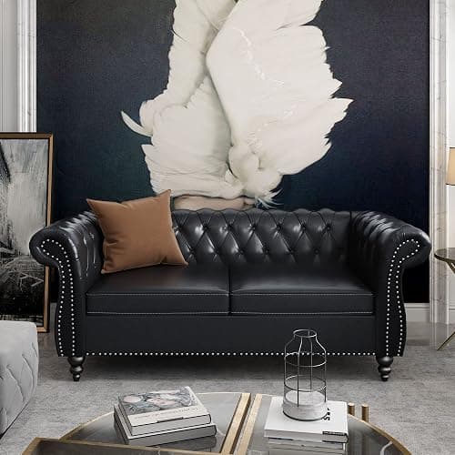 Chesterfield Loveseat, Modern Leather Sofa Tufted Couch 2 Seater with Rolled Arms and Nailhead for Living Room, Bedroom, Office, Apartment (Black) - Loveseat - Black Pu - Image 1