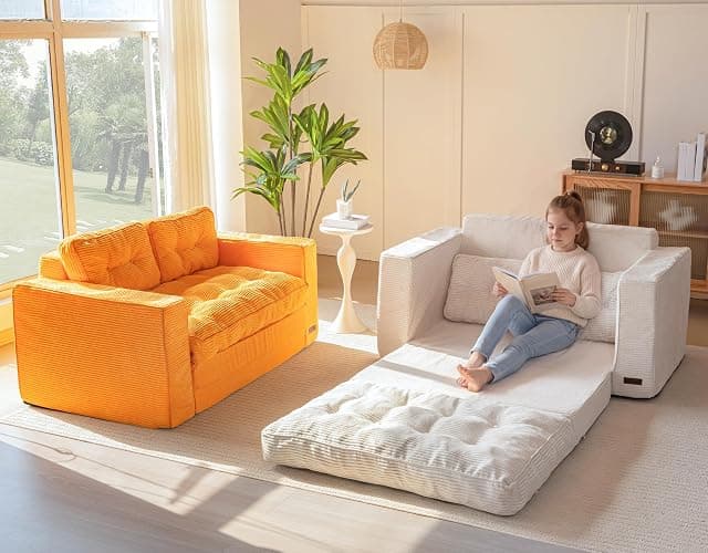 MAXYOYO Convertible Sofa Bed, Pull Out Loveseat Sofa Couch | 2 in 1 Folding Couch Bed, Fold Out Floor Couch with Pillows for Living Room Bedroom Lounge, Beige thumbnail 8