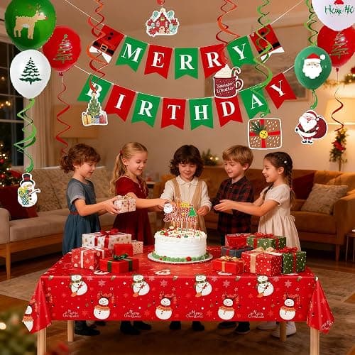 Merry Themed Happy Birthday Party Decorations,Christmas Supplies Plates Napkins, Cups Tableware, Birthday Banner, Cake Topper Snowman Backdrop Tablecloth, Colorful Printed Balloons for Kids and Adults thumbnail 5
