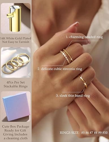 Florideco 14K Gold Plated Stackable Rings for Women Non Tarnish Dainty Cubic Zirconia Thin Thumb Ring Set Silver Plated Stacking Set Statement Promise Wedding Band Ring Sets thumbnail 4