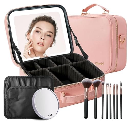 Mocado Travel Makeup Bag with LED Lighted Mirror,Travel Makeup Organizer,Makeup Case with 8 Makeup Brushes and 10x Magnifying Mirror,3 Colors Lighting, Adjustable Dividers Makeup Box(Pink) - Image 1