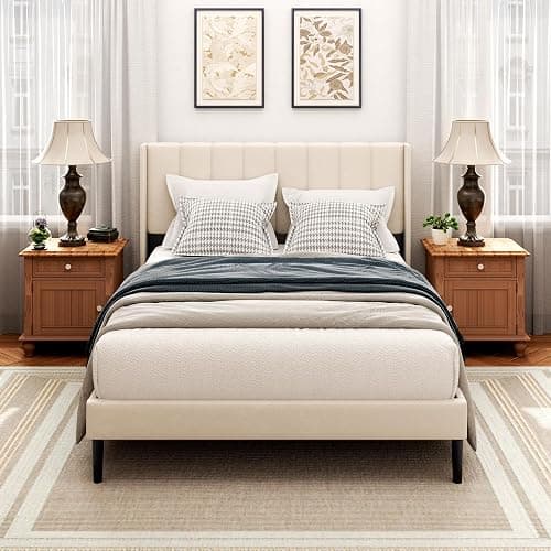 Sismplly Full Size Bed Frame with Headboard,Vertical Channel Tufted Wingback No Box Spring Needed, Mattress Foundation, Easy Assembly, Beige thumbnail 6