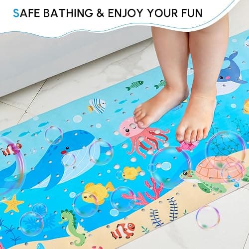 Vannokor Baby Bath Mat for Tub Non Slip Kids, 40 X 16 Inch Extra Long Bathtub Mat with Drain Holes and Suction Cups, Anti Slip Shower Mat Machine Washable, Whale thumbnail 5
