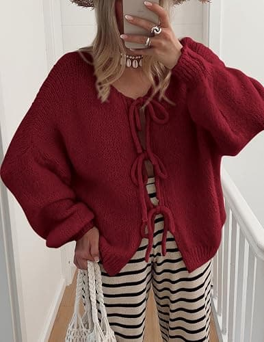 PRETTYGARDEN Women's Tie Front Bow Cardigan Sweaters Chunky Knit Long Puff Sleeve Trendy Fall Winter Jacket Coats thumbnail 7
