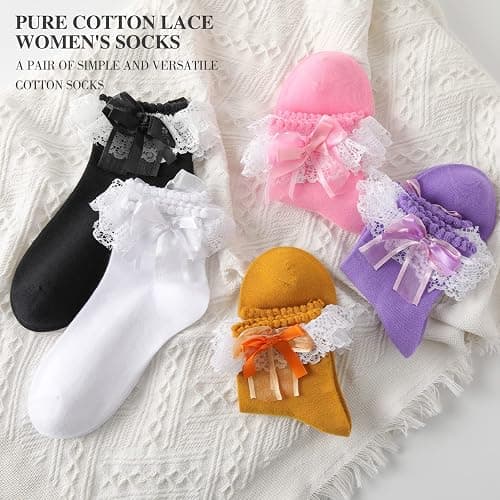 AMHRLINGTO Lace Ruffle Frilly Socks for Women - Lace Ankle Socks with Bow thumbnail 2