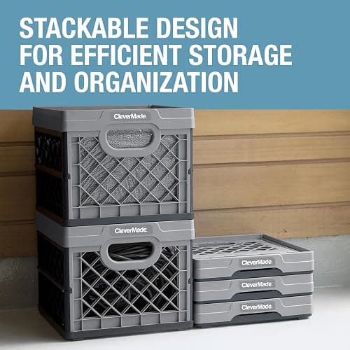 CleverMade Collapsible Milk Crate 25L (6.6 Gal) 3 Pack, 50 lb Heavy Duty Folding Crate – Stackable Storage Crates with File Rails, Plastic Collapsible Crates for Storage - Stone thumbnail 6