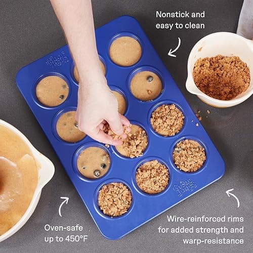 Great Jones Stud Muffin (Blueberry) | Nonstick 12-Cup Muffin Pan | Dual-Layer Nonstick Coating | Chemical-Free & Nontoxic | Oven-Safe to 450°F | Warp-Resistant & Easy Cleanup - Blueberry thumbnail 3