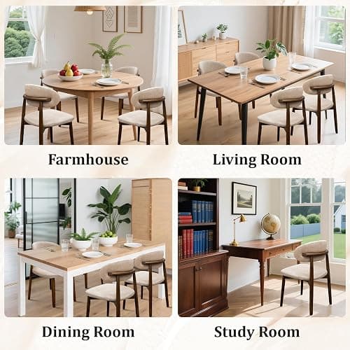 Farmhouse Dining Chairs Set of 4, Mid Century Modern Fabric Upholstered Kitchen Chairs, Wooden Dining Room Chair with Curved Back for Kitchen Dining Room Restaurant Cafe, Light Camel (Only Chairs) thumbnail 8