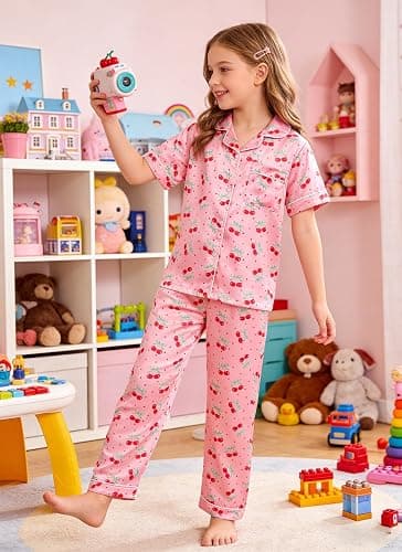 Fanient Girls Silk Pyjamas Set Colorful Printed Sleepwear Button-Down Pjs Short Sleeve Satin Nightwear for Girl 7-14 Years thumbnail 3