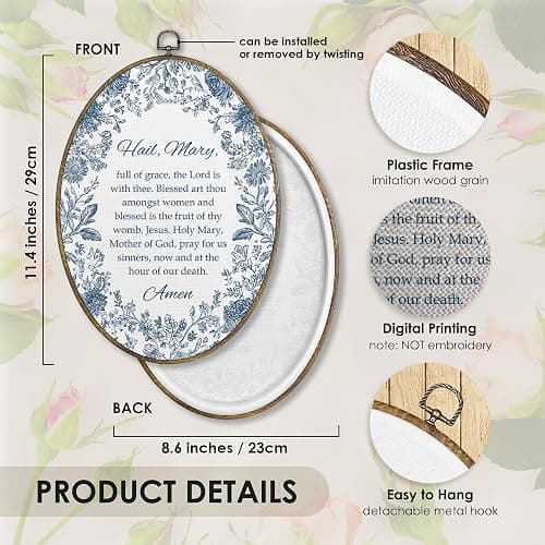 Fewgb Vintage Catholic Christian Oval Wall Art Decor, Hail Mary Prayer Canvas Wall Art Framed Prints Picture for Bedroom Prayer Room, Blue and White Floral Religious Hanging Room Decor Artwork 9x12 thumbnail 7