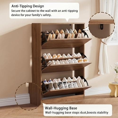 Shoe Storage Cabinet, Wood Shoe Organizer for Entryway with 3 Flip Drawers, Freestanding Shoe Rack with Adjustable Shelf, Narrow Shoe Dresser for Front Door Entrance (Walnut, Standard 3 Drawers) thumbnail 6