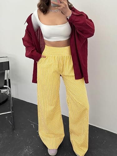 ANRABESS Womens Striped Gingham Palazzo Pants | Wide Leg Smocked High Waisted Pajama Pants, Lounge & Casual, Summer Fall Cute Pants with Pockets thumbnail 7