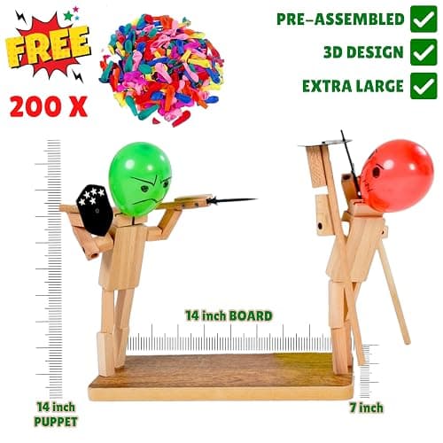 Handmade Wooden Fencing Puppets Toys , Whack A Balloon Strategy Board Game,Balloon Bamboo Man Battle Pre Assembled, Challenge Friends , Game Night Favorite ,Party Games for Groups (with 200 Balloons) thumbnail 4