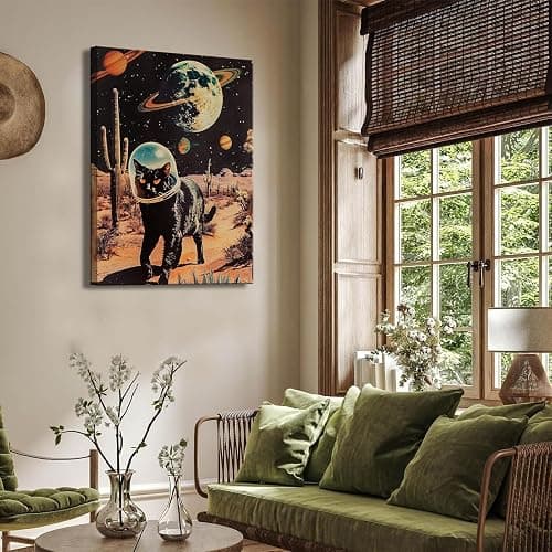 Ijeroain Black Space Cats Wall Art Funny Cat Wall Decor Pictures Cat astronaut painting artwork Cosmic planet Whimsical Print for Boys and Girls Room Bedroom home decoration 16x24in Canvas thumbnail 3