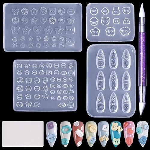 Laza 4pcs Button Silicone Nail Art Molds, 3D Multiple Shapes Embossed Button Nail Charms Nails Accessories with Carving Pen Resin Nail Art Mold Manicure Tools for Manicures Design - Image 1