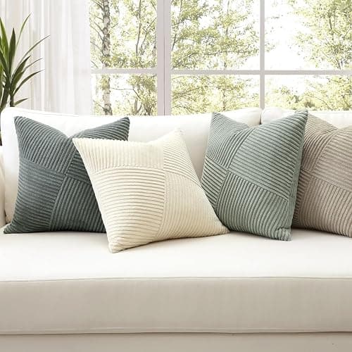 Sungeek Set of 4 Decorative Cushion Covers Soft Corduroy Boho Farmhouse Square Pillow Covers Mix and Match Throw Pillow Cases for Sofa Couch Bedroom Living Room 50x50cm, Neutral Grey thumbnail 2