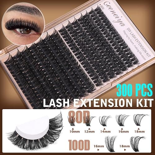 Geeneiya Volume Lash Clusters Kit DIY Lash Extension Kit D Curl Eyelash Extensions with Waterproof Lash Bond and Seal Waterproof Tweezers,10-16MM Cluster Lashes 300Pcs thumbnail 2