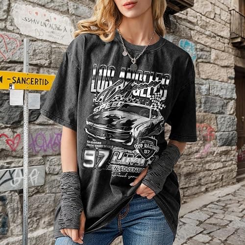 Pairxily Oversized Graphic Tees for Women Baggy Streetwear Preppy Shirts for Teens Race Car Checkered Flag Drop Shoulder Top - Black - Large thumbnail 5