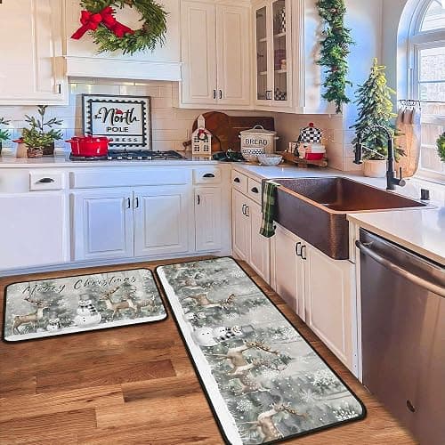 Christmas Kitchen Rugs Green Xmas Trees Deer Snowman Kitchen Mats Set of 2, Christmas Decorations for Home, Non-Slip Backing Winter Holiday Floor Mat Xmas Decor Washable Rug 17"x47.2"+17"x30" thumbnail 3